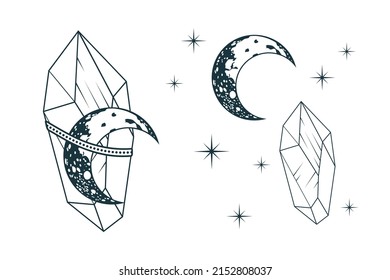 Himmelsmond-Silhouette und Kristalle. Handgezeichnet, einzeln, aus mystischen Elementen. Vektorgrafik für Hexerei, Tätowierung und T-Shirt-Druck.