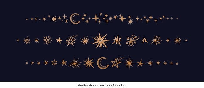 Celestial moon and stars create a magical border pattern with golden ornament. Collection perfect for mystical backdrop, astrology hand drawn design and cosmic art pencil print with vintage charm