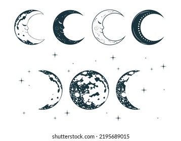 Celestial moons mystical collection. Boho esoteric objects isolated set. 
Hand drawn vector illustration for astrology, zodiac, tarot design and tattoo.