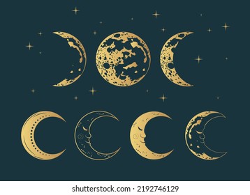 Celestial moons mystical collection. Golden silhouettes isolated on black background. Hand drawn vector illustration for esoteric design, astrology, zodiac and tarot.