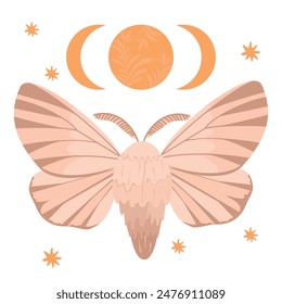 Celestial moth beige colors on white background.Flying magic insect,moon with floral ornament and stars.Mystic symbol and occult,alchemical sign.Vector design for boho poster,card,t shirt print.