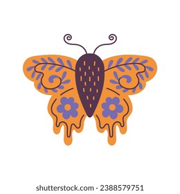 Celestial moth with botanical ornament. Trendy orange butterfly with textured melting wings with flowers, branches and twigs. Decorative boho aesthetics.