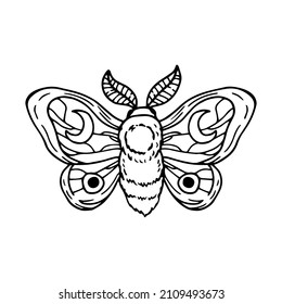 Celestial moth with half moon. Mystical butterfly. Hand drawn vector illustration.