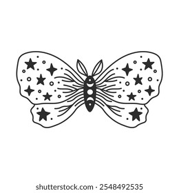 Celestial Moth Hand drawn Doodle style. Outline butterfly with star shapes on wings, curvy line art. Sketch vector illustration. Bohemian insect logotype