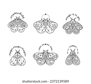 Celestial moth logo icon, Magic line art butterfly sign. Mystical insect illustration, black and white.