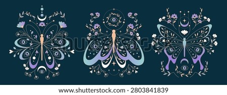 Celestial moth with moon phases and stars in boho style, vector illustration isolated on black. Mystical butterfly tattoo with eyes on wings, flowers, and esoteric symbols for witchy tarot card design