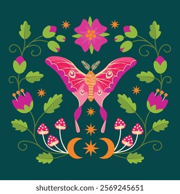 Celestial moth with moon , stars, flowers and mushrooms. Magic insect with ornament. Mystic symbol, occult and witchcraft sign. Vector colorful design for magical card, boho poster, t-shirt print.