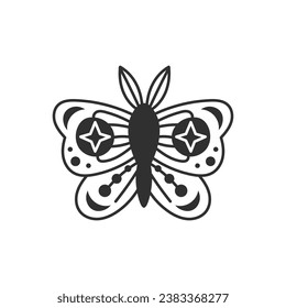 Celestial moth with stars doodle. Hand-drawn decorative night butterfly with crescent. Black line art insect on white background. Vector illustration.