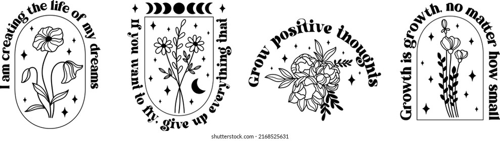 Celestial motivational quotes vector designs. Inspirational sayings, positive affirmations with wildflowers