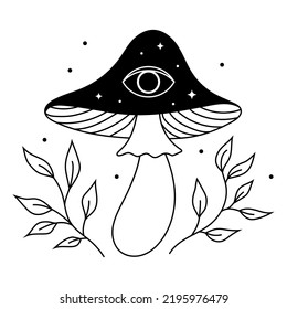 Celestial mushroom. Composition with mushroom and leaves. Esoteric clipart. Hand drawn vector illustration. Black and white.