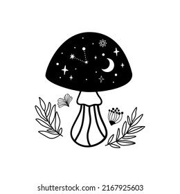 Celestial mushroom. Mystical boho mushroom with stars, moon. Black mushroom graphic element isolated. Magic line celestial mushroom, witch esoteric logo Astrology vector illustration