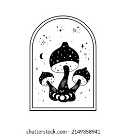 Celestial mushroom print. Mystical boho mushrooms isolated graphic element psychedelic magic line celestial mushroom, moon phase, cute stars, floral witchy esoteric black and white vector illustration