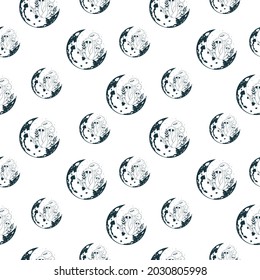 Celestial mushroom seamless pattern. Mystical moon with fungi texture.