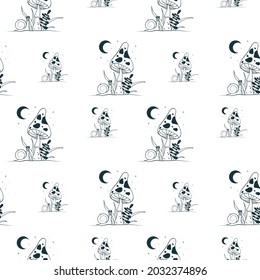 Celestial mushroom seamless pattern. Mystical texture with fungi and moon.