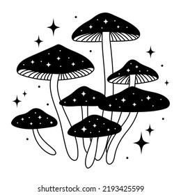 Celestial mushrooms. Composition with mushrooms and stars. Esoteric clipart. Hand drawn vector illustration. Black and white.