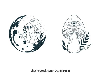 Celestial mushrooms with moon and stars. Floral fungi, fungus. Witchy elements.