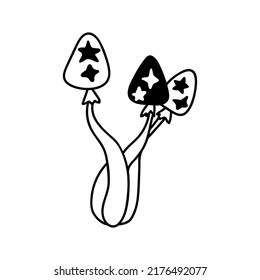 Celestial mushrooms. Mystical boho mushrooms with stars. Witch esoteric logo. Doodle vector illustration. 