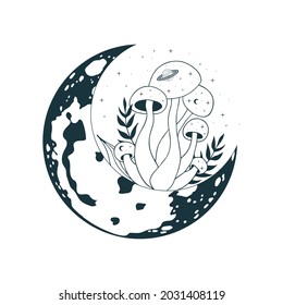 Celestial mushrooms with occult moon. Mystical fungi, fungus. Witchy elements.
