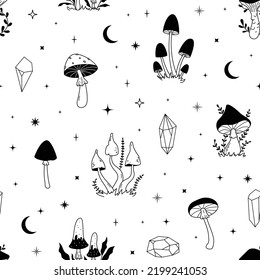 Las setas celestes se caracterizan por un patrón ininterrumpido de estrellas y cristales. Los elementos del bosque dibujados a mano repiten la textura. Ilustración vectorial de hongos en blanco y negro de línea. Fondo místico de la comida.