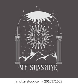 Celestial My sunshine slogan print with sun face , celestial moon and cosmic stars. Fashion and other uses celestial slogan tee