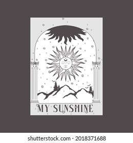 Celestial My sunshine slogan print with sun face , celestial moon and cosmic stars. Fashion and other uses celestial slogan tee