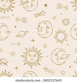 Celestial mystic esoteric repeat pattern with sun and moon elements, seamless repeating background design