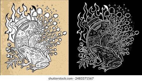 Celestial mystic mushrooms with magic and floral decorative design elements, frog, potion in bottle, witchcraft symbols. Esoteric and witchy objects, tattoo concept, hand drawn clipart 