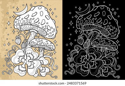 Celestial mystic mushrooms with magic and floral decorative design elements, clover, berries, witchcraft symbols. Esoteric and witchy objects, tattoo concept, hand drawn clipart 