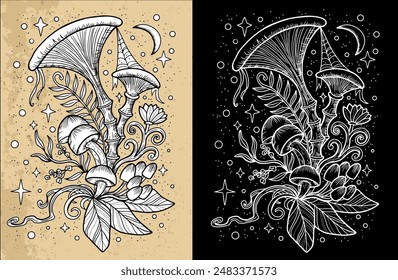 Celestial mystic mushrooms with magic and floral decorative design elements, witchcraft symbols. Esoteric and witchy objects, tattoo concept, hand drawn clipart 