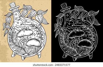 Celestial mystic mushrooms with magic and floral decorative design elements, witchcraft symbols, glass bottle. Esoteric and witchy objects, tattoo concept, hand drawn clipart 