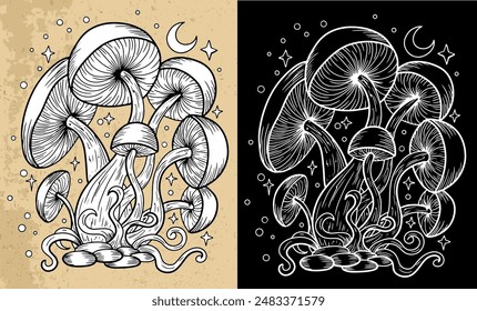 Celestial mystic mushrooms with magic and floral decorative design elements, moon, witchcraft symbols. Esoteric and witchy objects, tattoo concept, hand drawn clipart 