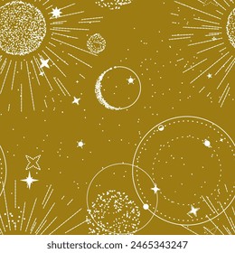 Celestial mystic universe background pattern, sun burst frame with stars, moon phases, crescents, arrows and copy space. Ornate ray line shiny magical linear geometric seamless pattern. Ornate design