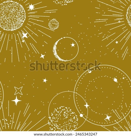 Celestial mystic universe background pattern, sun burst frame with stars, moon phases, crescents, arrows and copy space. Ornate ray line shiny magical linear geometric seamless pattern. Ornate design