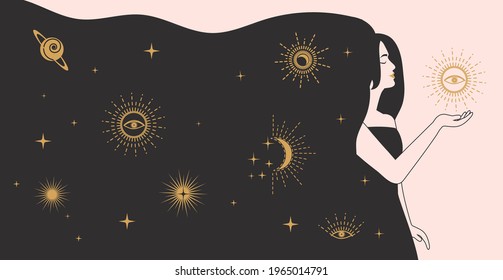 Celestial mystic woman character with stars and spiritual elements in hair. Trendy astrology flat vector illustration. Female witch or shaman woman. Astrology, magic, occultism design concept.