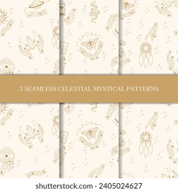 Celestial mystical astrology seamless patterns. Set of celestial mystic esoteric seamless patterns.. Mystic moon, sun, star, zodiac symbols and constellation vector set.