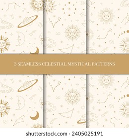 Celestial mystical astrology seamless patterns. Set of celestial mystic esoteric seamless patterns.. Mystic moon, sun, star, zodiac symbols and constellation vector set.