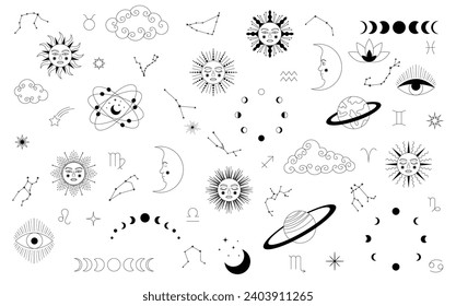 Celestial mystical astrology. Set of celestial mystic esoteric elements. Mystic moon, sun, star, zodiac symbols and constellation vector set.