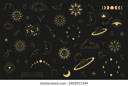 Celestial mystical astrology. Set of celestial mystic esoteric elements. Mystic moon, sun, star, zodiac symbols and constellation vector set.