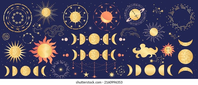 Celestial mystical astrology set with sun, moon, phases and constellations. Golden signs for astrological horoscope designs. Mystical astrological symbols of the sun and moon. Vector illustration.