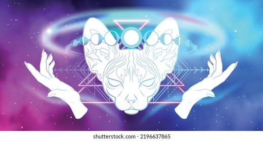 Celestial mystical banner with sphinx cat, magic hands and lunar phases. Cosmic vector background for landing page, web design. Astrology Fortune telling Tarot reading Witchcraft. Animal spirit art