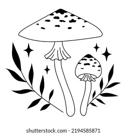Celestial mystical boho mushroom. Hand drawn Fly agaric. Vector illustration. Poisonous mushroom. Esoteric clipart. Isolated black object on white background.