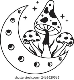 Celestial Mystical Boho Mushroom with Vintage Design. Vector Illustration Clipart.