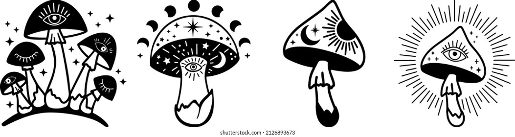 Celestial Mystical boho mushrooms, magic mushroom with moon and stars, witchcraft symbol, witchy esoteric objects, floral mystical elements fungi, fungus. Witchy tattoos. Esoteric clipart