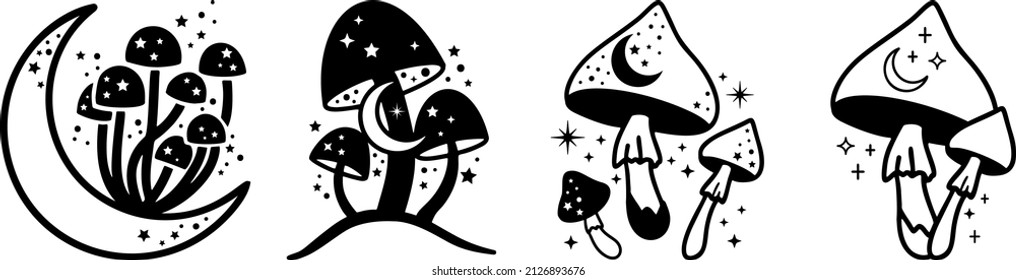 Celestial Mystical boho mushrooms, magic mushroom with moon and stars, witchcraft symbol, witchy esoteric objects, floral mystical elements fungi, fungus. Witchy tattoos. Esoteric clipart