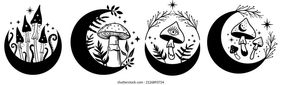 Celestial Mystical boho mushrooms, magic mushroom with moon and stars, witchcraft symbol, witchy esoteric objects, floral mystical elements fungi, fungus. Witchy tattoos. Esoteric clipart