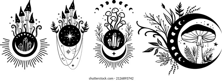 Celestial Mystical boho mushrooms, magic mushroom with moon and stars, witchcraft symbol, witchy esoteric objects, floral mystical elements fungi, fungus. Witchy tattoos. Esoteric clipart