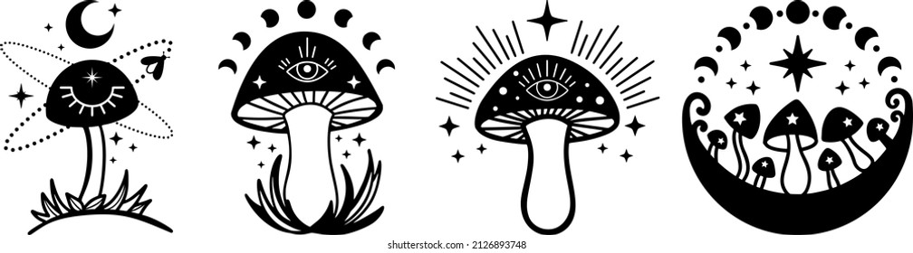 Celestial Mystical boho mushrooms, magic mushroom with moon and stars, witchcraft symbol, witchy esoteric objects, floral mystical elements fungi, fungus. Witchy tattoos. Esoteric clipart