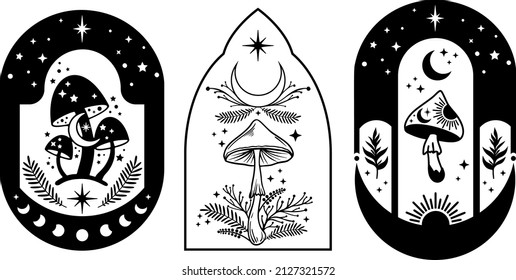 Celestial Mystical boho mushrooms, magic mushroom with moon and stars, witchcraft symbol, witchy esoteric objects, floral mystical elements fungi, fungus. Witchy tattoos. Esoteric clipart