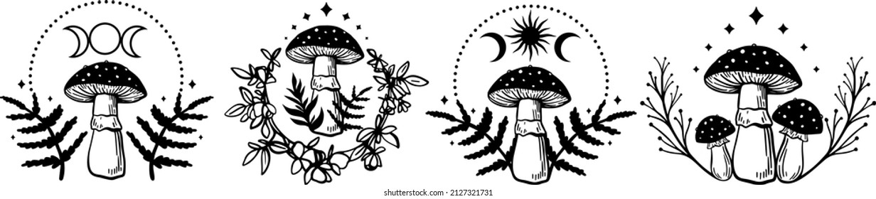 Himmelsmystische Boho-Pilze, Zauberpilz mit Mond und Sternen, Hexenkreuz-Symbol, witzige esoterische Objekte, Blütenpilze, Pilze. Witzige Tätowierungen. Esoteric-Clipart