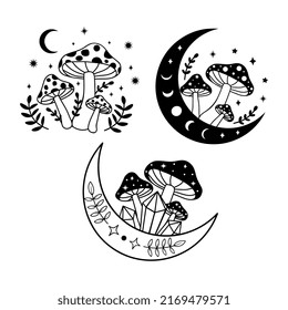 Celestial Mystical boho mushrooms, magic mushroom with moon and stars, witchcraft symbol,vector